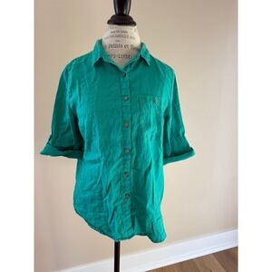 Hester & Orchard Women's 100% Linen 3/4 Sleeve Green Shirt Size M